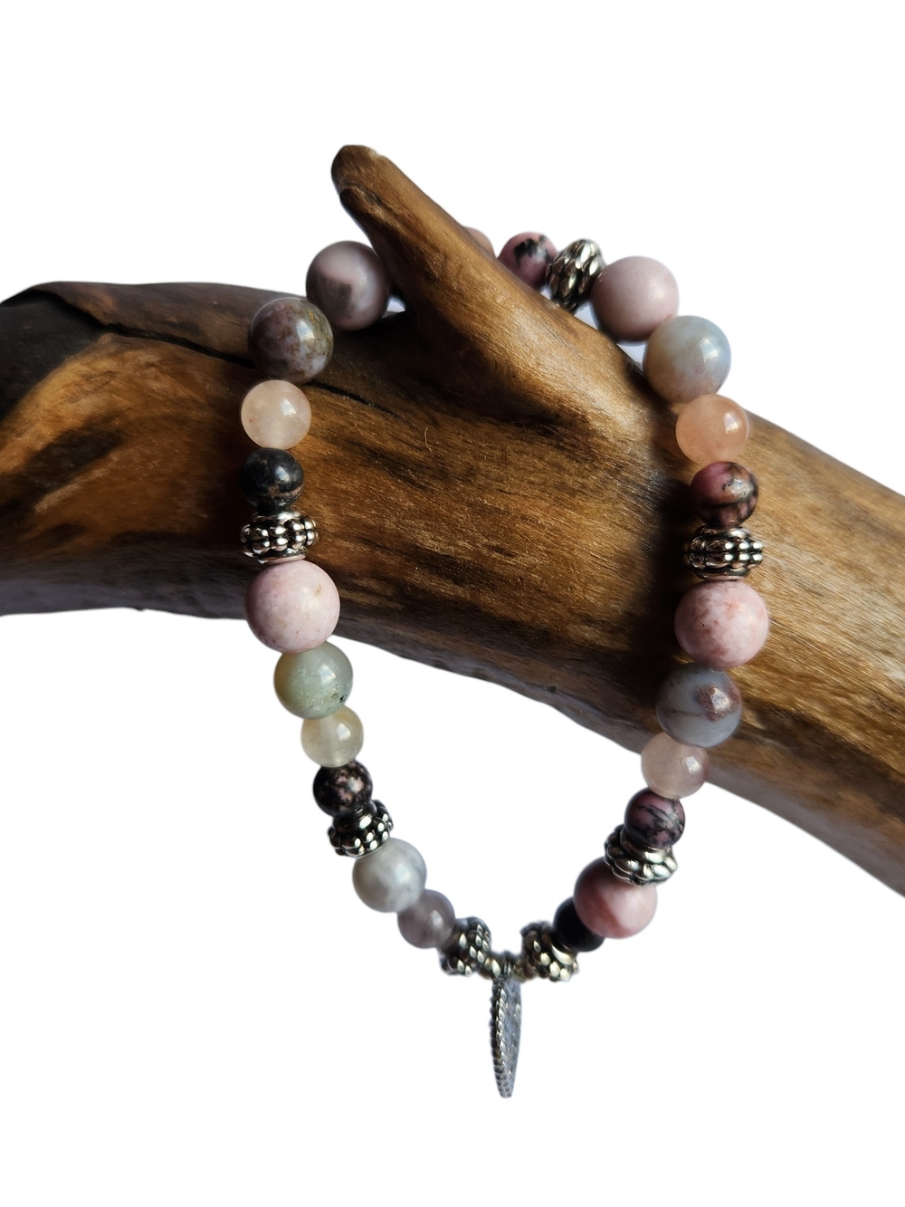 Handmade Pink Multi-Stone Beaded Bracelet with Silver Heart Charm